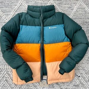 Cotopaxi Soplo Puff Multicolor Down Puffer Jacket - Dark Green, Teal, Orange